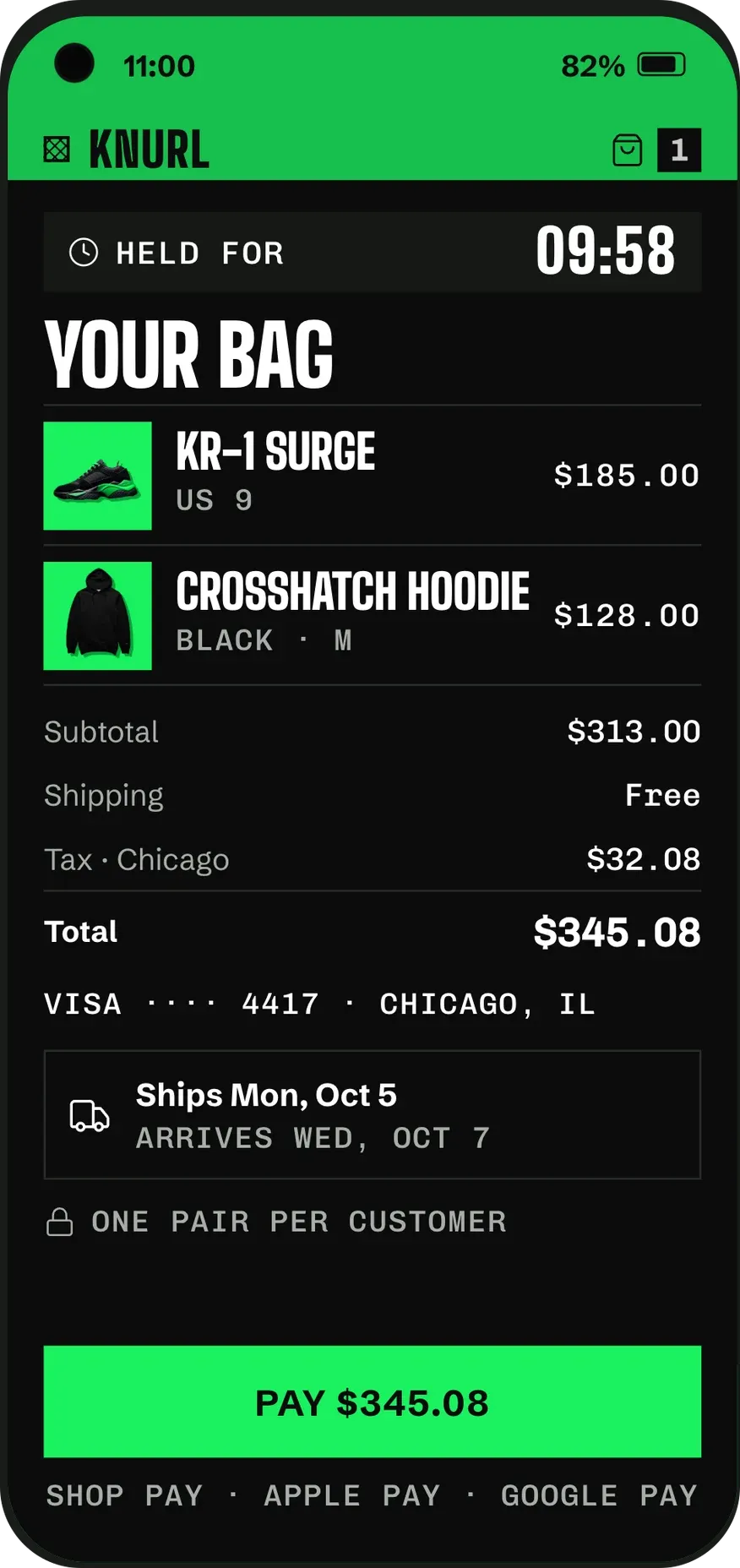 Telefonda çanta: pair 09:58 süreyle tutuluyor, KR-1 Surge ve Crosshatch Hoodie, toplam $345.08, kargo tarihi ve tek dokunuşla ödeme düğmesi