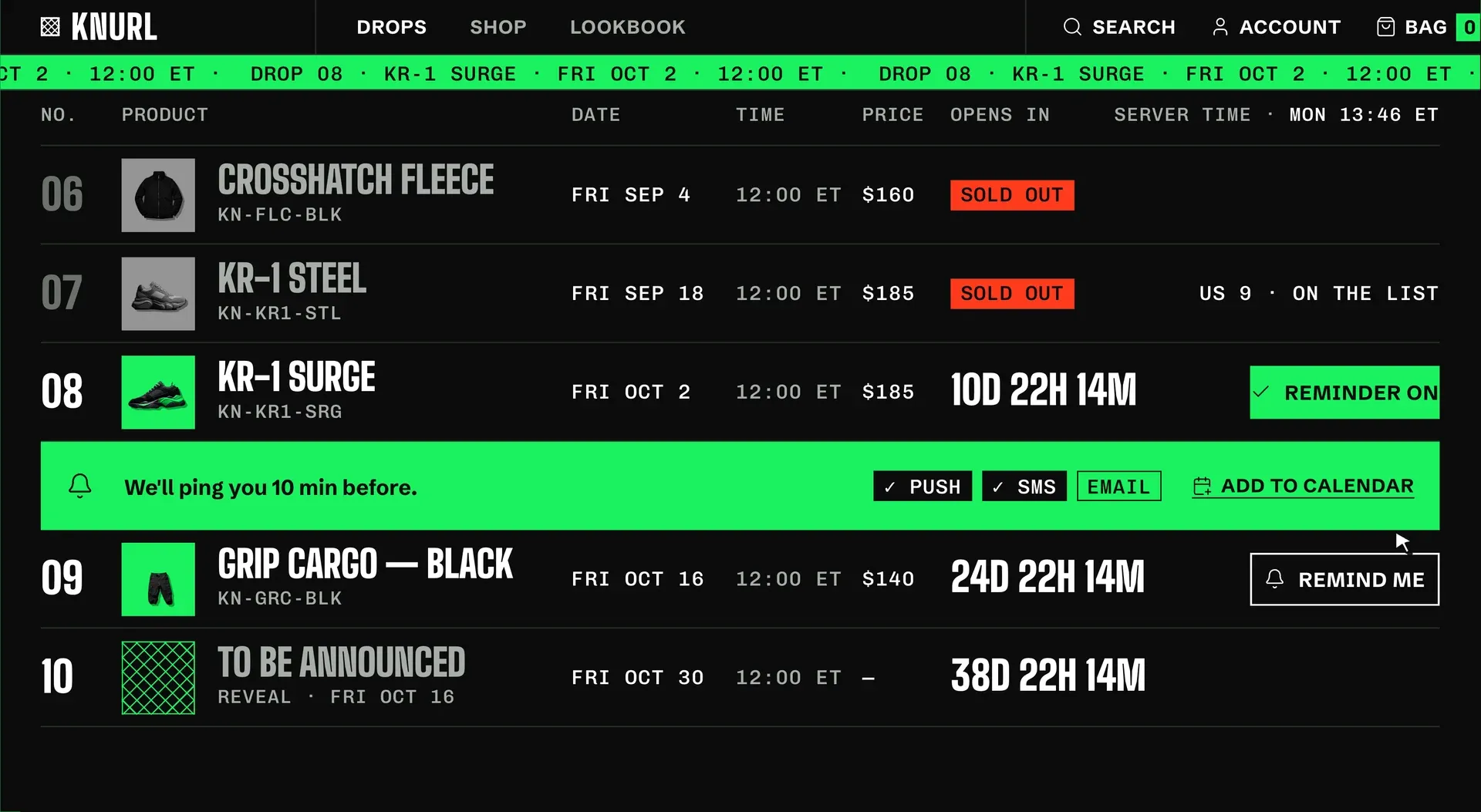 Drop takvimi: geçmiş drop'lar Sold out, Drop 08 KR-1 Surge için 10 gün 22 saat 14 dakikalık geri sayım ve açılmış hatırlatma şeridi (push, SMS, takvime ekle)