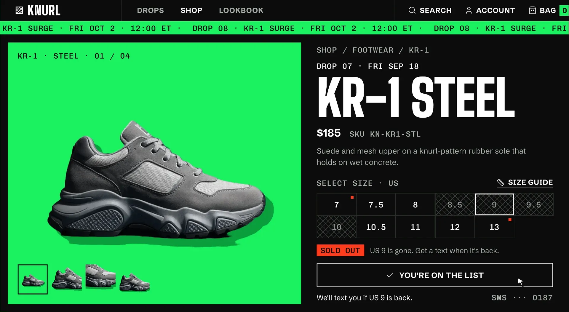 KR-1 Steel ürün sayfası: yeşil fonda gri sneaker, beden ızgarasında tükenen bedenler taralı, US 9 için Sold out etiketi ve "You're on the list" onayı