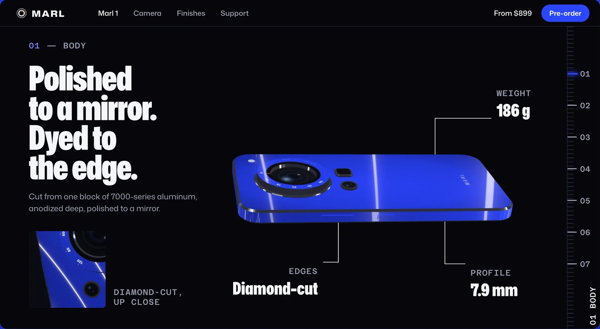 Gövde bölümü: yatan telefonun kenar profili, gövdede keskin ışık yansımaları, kılavuz çizgilerle bağlı 186 g, 7.9 mm ve Diamond-cut ölçüleri, "Polished to a mirror. Dyed to the edge." başlığı