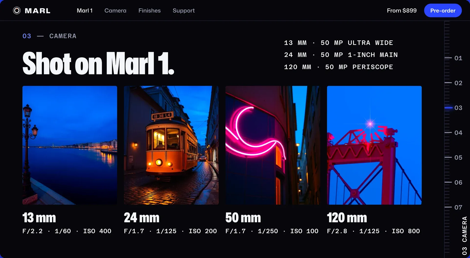 "Shot on Marl 1." bölümü: 13, 24, 50 ve 120 mm'de çekilmiş dört gece karesi (nehir kıyısı, ışıklı tramvay, neon köşe, köprü kulesi), altlarında diyafram, enstantane ve ISO ayarları