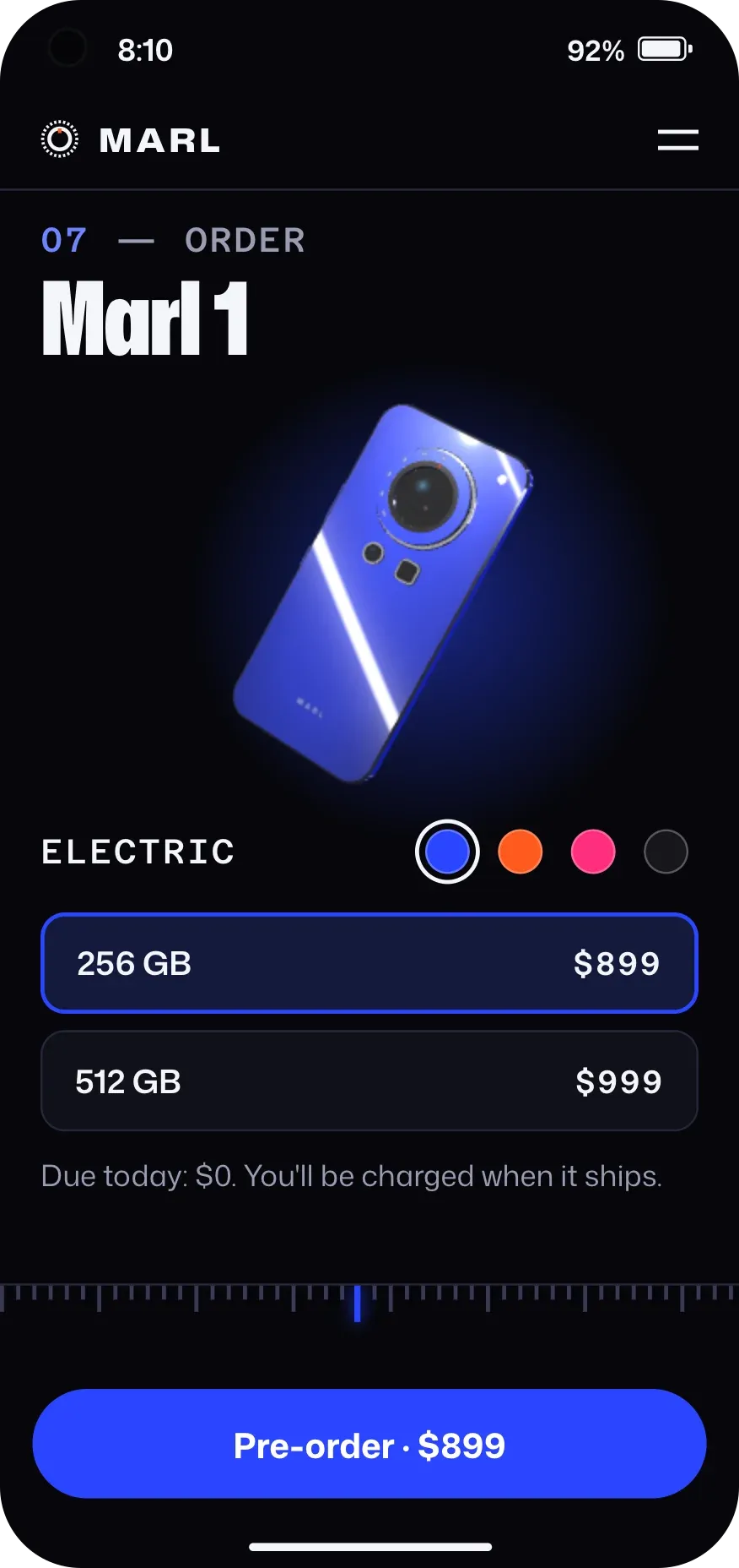 Telefonda ön sipariş: Electric Marl 1, renk seçenekleri, 256 GB $899 seçili ve 512 GB $999, "Due today: $0" notu, altta yatay çentik rayı ve "Pre-order · $899" düğmesi